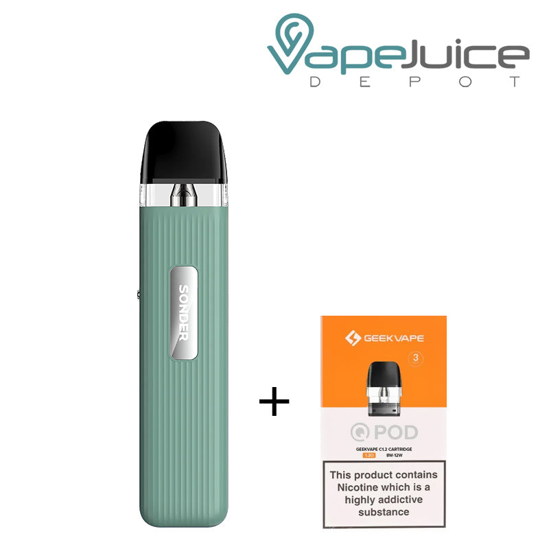 Green GeekVape Sonder Q Pod System Kit and a box of GeekVape pod with a warning sign next to it - Vape Juice Depot