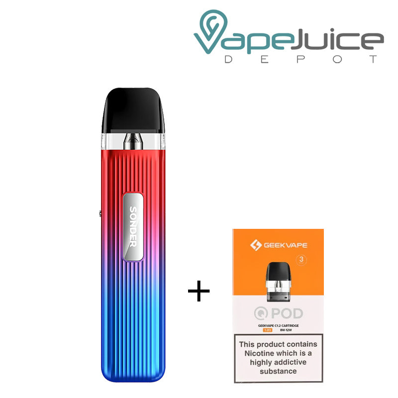 Red Blue GeekVape Sonder Q Pod System Kit and a box of GeekVape pod with a warning sign next to it - Vape Juice Depot