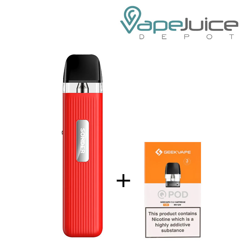 Red GeekVape Sonder Q Pod System Kit and a box of GeekVape pod with a warning sign next to it - Vape Juice Depot