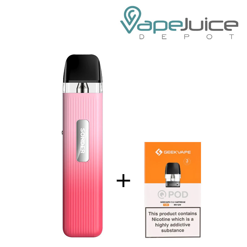 Rose Pink GeekVape Sonder Q Pod System Kit and a box of GeekVape pod with a warning sign next to it - Vape Juice Depot