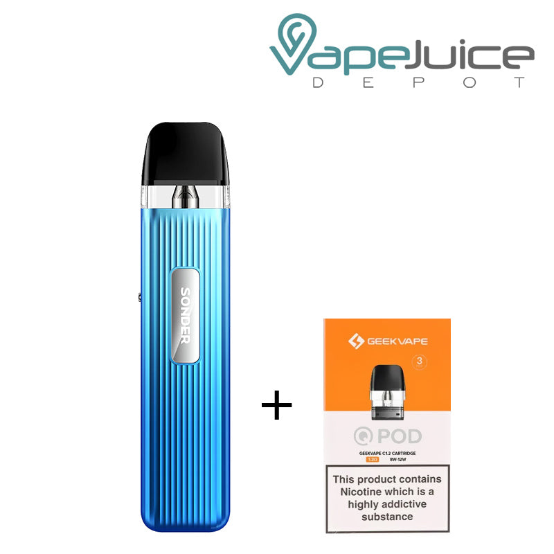 Sky Blue GeekVape Sonder Q Pod System Kit and a box of GeekVape pod with a warning sign next to it - Vape Juice Depot