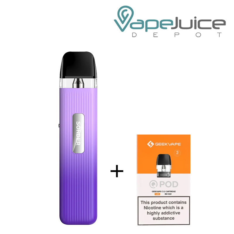 Violet Purple GeekVape Sonder Q Pod System Kit and a box of GeekVape pod with a warning sign next to it - Vape Juice Depot