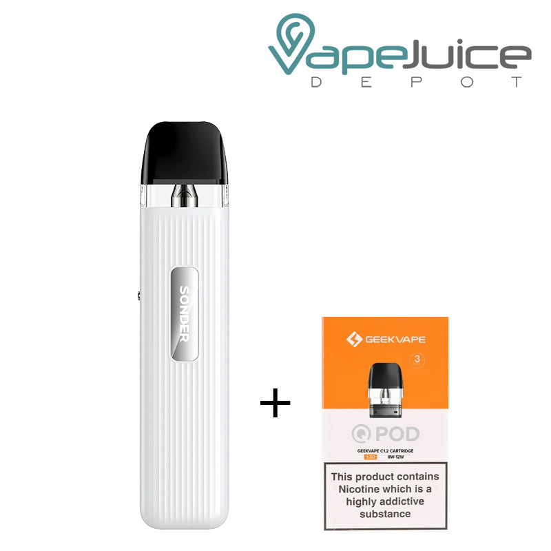 White GeekVape Sonder Q Pod System Kit and a box of GeekVape pod with a warning sign next to it - Vape Juice Depot