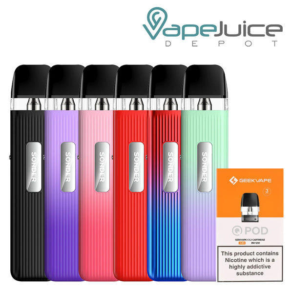 Six colors of GeekVape Sonder Q Pod System Kit and a box of Geekvape pod with a warning sign next to it - Vape Juice Depot