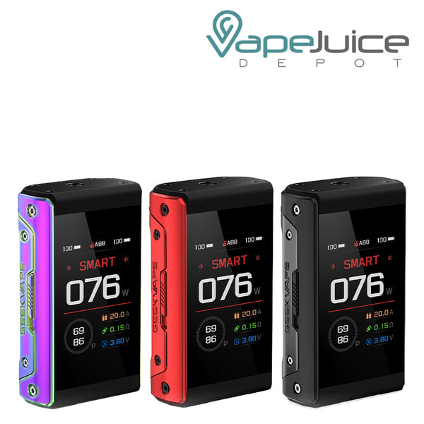 Three colors of GeekVape T200 Aegis Touch Mod with a screen - Vape Juice Depot