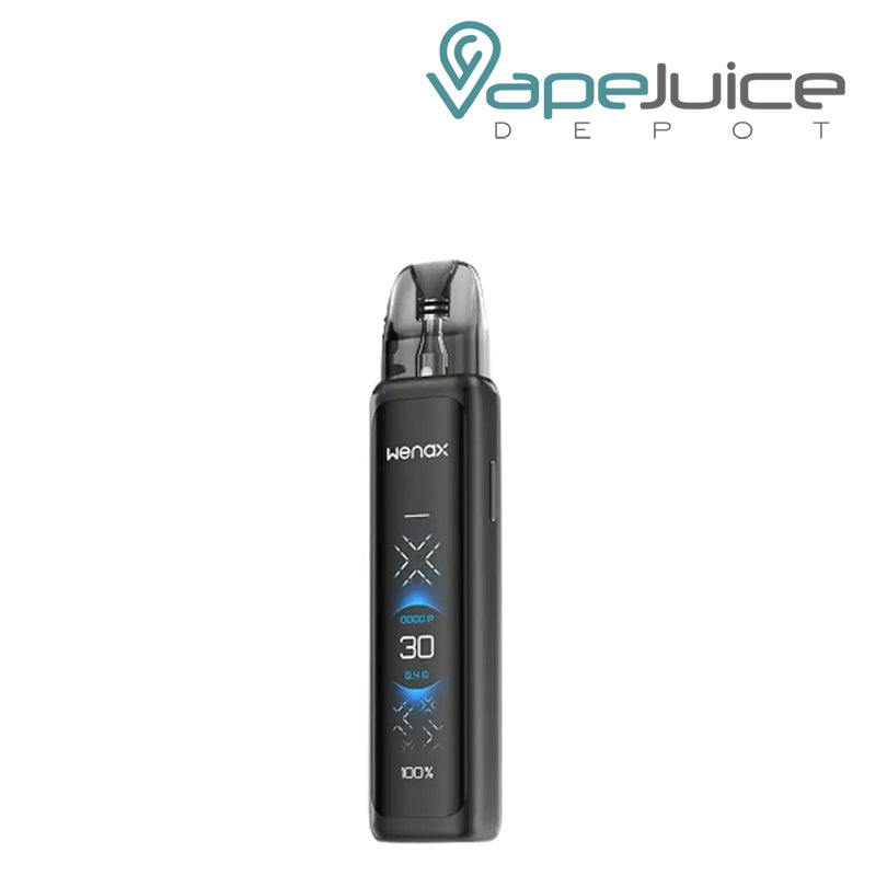 Carbon Black GeekVape Wenax Q Ultra Pod System Kit with its HD touch display and the button on the side- Vape Juice Depot