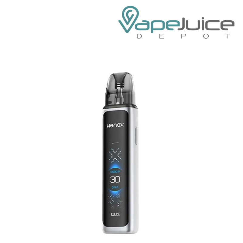 Frosted Silver GeekVape Wenax Q Ultra Pod System Kit with its HD touch display and the button on the side- Vape Juice Depot