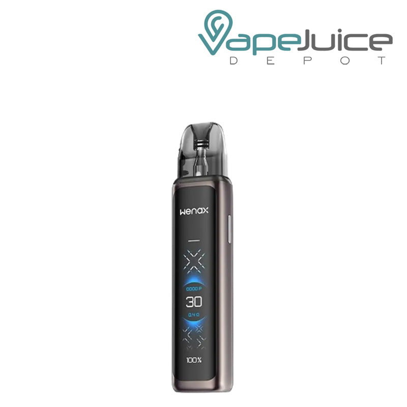 Steel Gray GeekVape Wenax Q Ultra Pod System Kit with its HD touch display and the button on the side- Vape Juice Depot