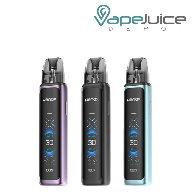 Three colors of GeekVape Wenax Q Ultra Pod System Kit next to each other - Vape Juice Depot