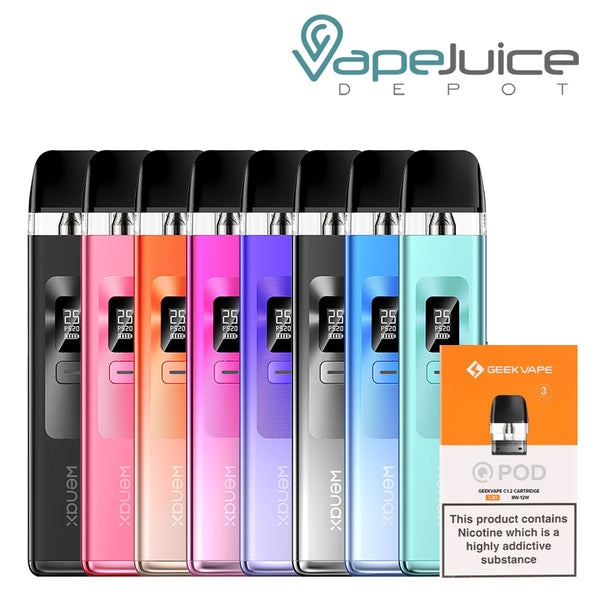 Eight colors of GeekVape Wenax Q Pod System Kit and a box of Geekvape Pods with a warning sign next to it - Vape Juice Depot
