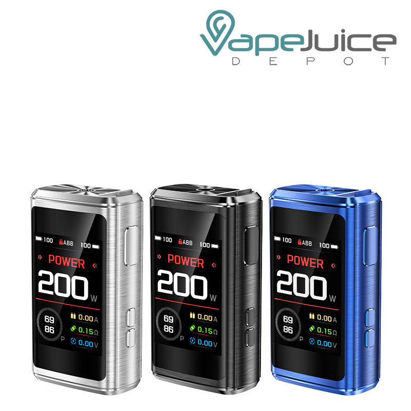Three colors of GeekVape Z200 Box Mod with a firing button, two adjustment buttons and a screen - Vape Juice Depot