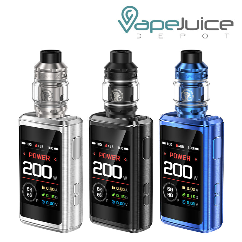 Three colors of GeekVape Z200 Starter Kit with a firing button, two adjustment buttons and a screen - Vape Juice Depot