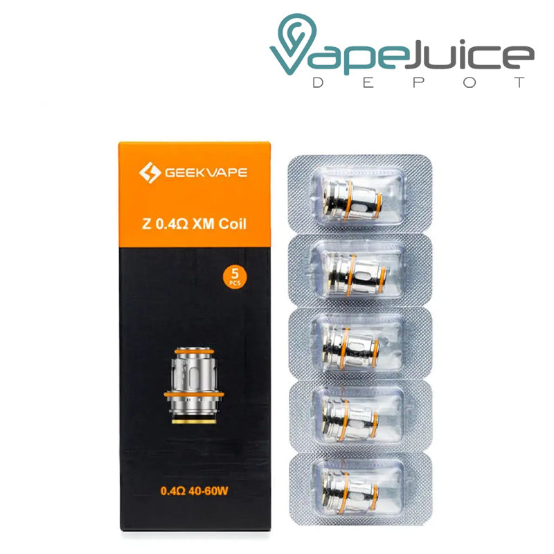 A Box of GeekVape Zeus Replacement Coils 0.4ohm and a pack of coils next to it - Vape Juice Depot