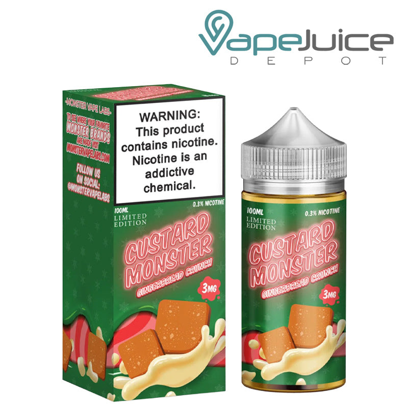 A box of Gingerbread Crunch Custard Monster Eliquid with a warning sign and a 100 ml bottle next to it- Vape Juice Depot