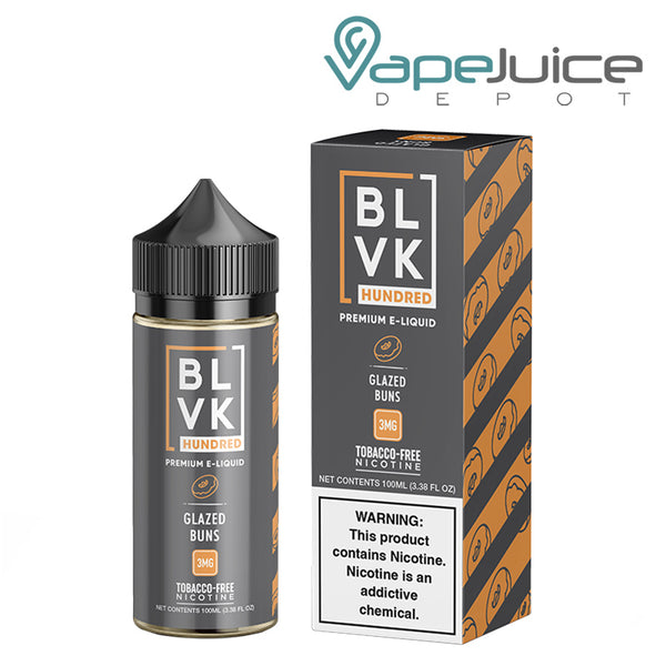 A 100ml Bottle of Glazed Buns BLVK Hundred TFN eLiquid and a box  with a warning sign next to it - Vape Juice Depot