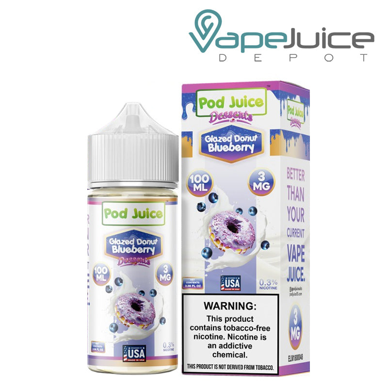 A 100ml bottle of Glazed Donut Blueberry Pod Juice TFN and a box with a warning sign next to it - Vape Juice Depot