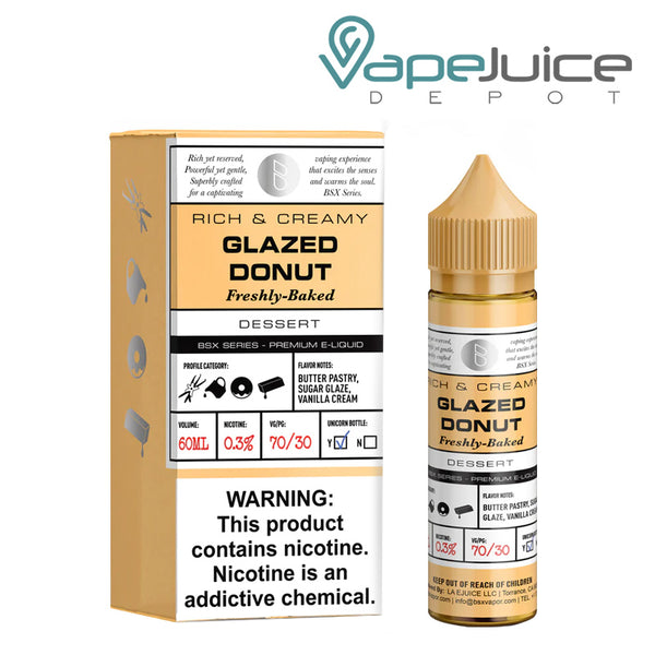 A box of Glazed Donut Glas Basix Series with a warning sign and a 60ml bottle next to it - Vape Juice Depot
