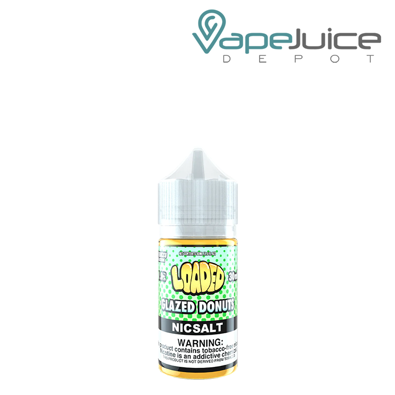 A 30ml bottle of Glazed Donut LOADED Salts with a warning sign - Vape Juice Depot