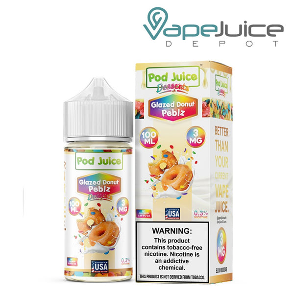 A 100ml bottle of Glazed Donut Peblz Pod Juice TFN and a box with a warning sign next to it - Vape Juice Depot