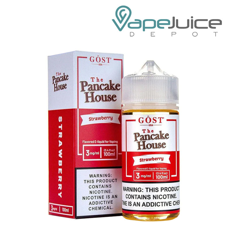 A box of Glazed Strawberry The Pancake House and a 100ml unicorn bottle with a warning sign next to it - Vape Juice Depot