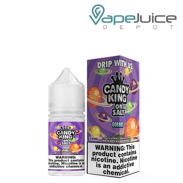 A 30ml bottle of Gobbies Candy King On Salt and a box with a warning sign next to it - Vape Juice Depot