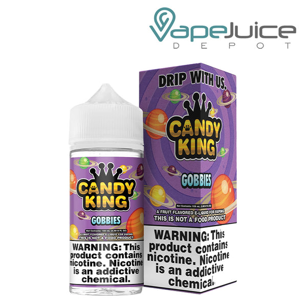 A 100ml bottle of Gobbies Candy King eLiquid with a warning sign and a box next to it - Vape Juice Depot