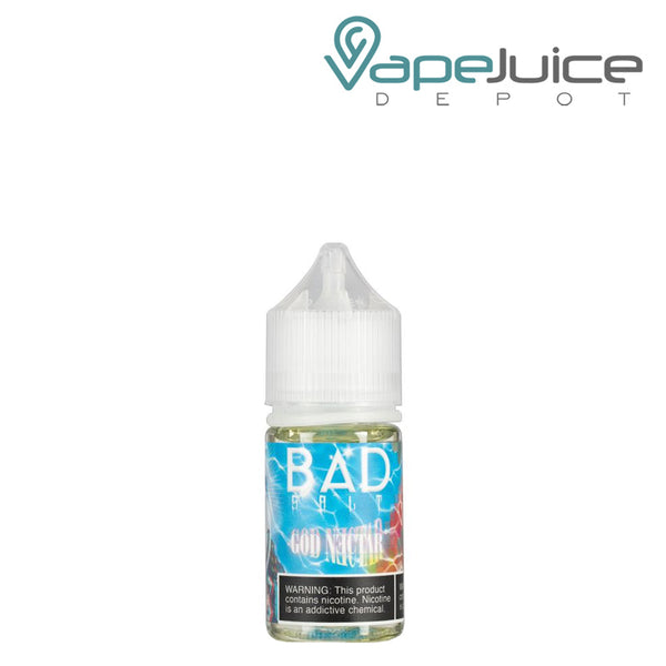 A 30ml bottle of God Nectar Bad Drip Salts with a warning sign - Vape Juice Depot