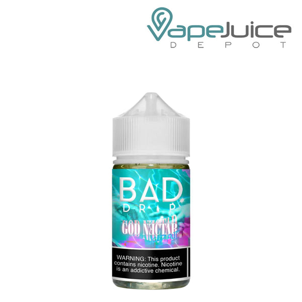 A 60ml bottle of God Nectar Iced Out Bad Drip with a warning sign - Vape Juice Depot