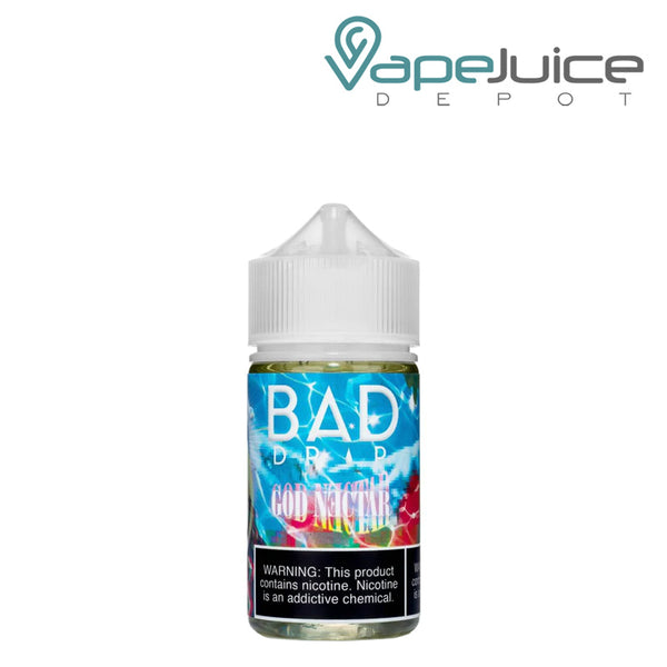 A 60ml bottle of God Nectar Bad Drip eLiquid with a warning sign - Vape Juice Depot
