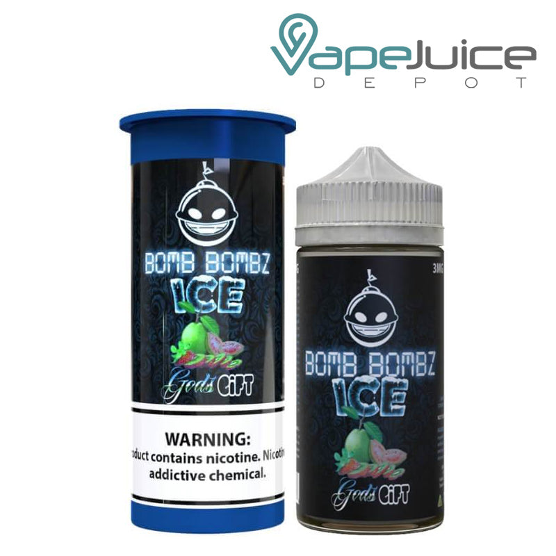 A box of Gods Gift ICE Bomb Bombz eLiquid wih a warning sign and a 100ml bottle next to it - Vape Juice Depot