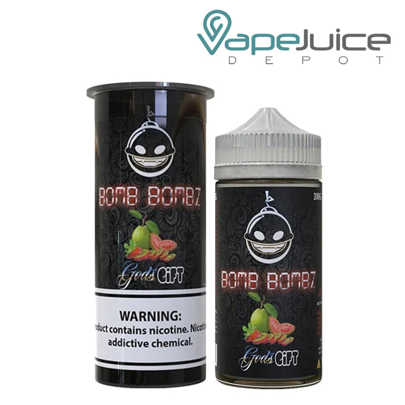 A box of Gods Gift Bomb Bombz eLiquid with a warning sign and its 100ml bottle next to it - Vape Juice Depot