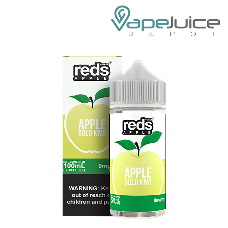 A box of Gold Kiwi 7Daze Reds Apple eJuice 100ml with a warning sign and a 100ml bottle next to it - Vape Juice Depot