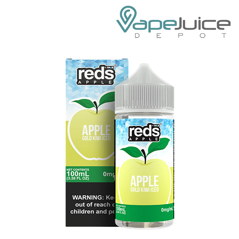 A box of Gold Kiwi Iced 7Daze Reds Apple eJuice 100ml with a warning sign and a 100ml bottle next to it - Vape Juice Depot