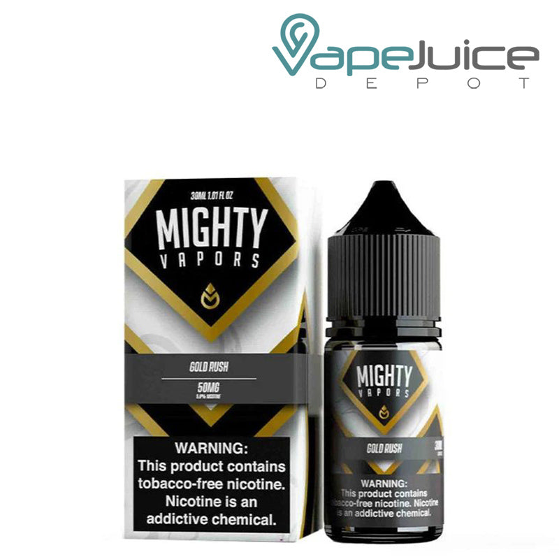 A Box of Gold Rush Salts Mighty Vapors with a warning sign and a 30ml bottle next to it - Vape Juice Depot