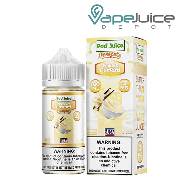 A 100ml bottle of Golden Custard Pod Juice TFN with a warning sign and a box next to it - Vape Juice Depot