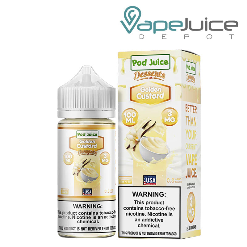 A 100ml bottle of Golden Custard Pod Juice TFN with a warning sign and a box next to it - Vape Juice Depot