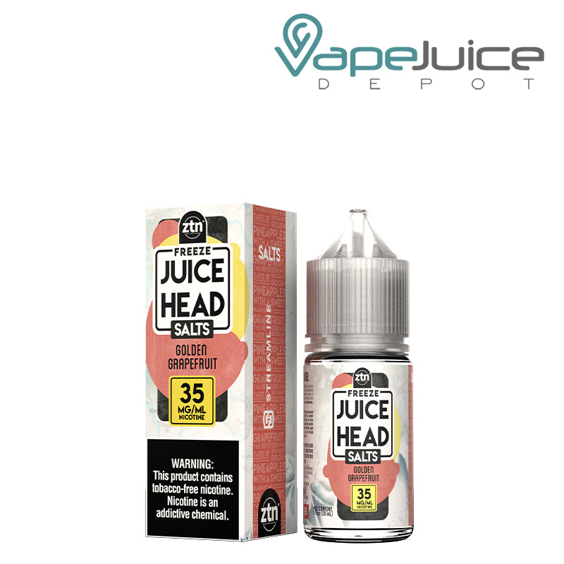 A box of 35mg Golden Grapefruit TFN Salts Juice Head Freeze with a warning sign and a 30ml bottle next to it - Vape Juice Depot