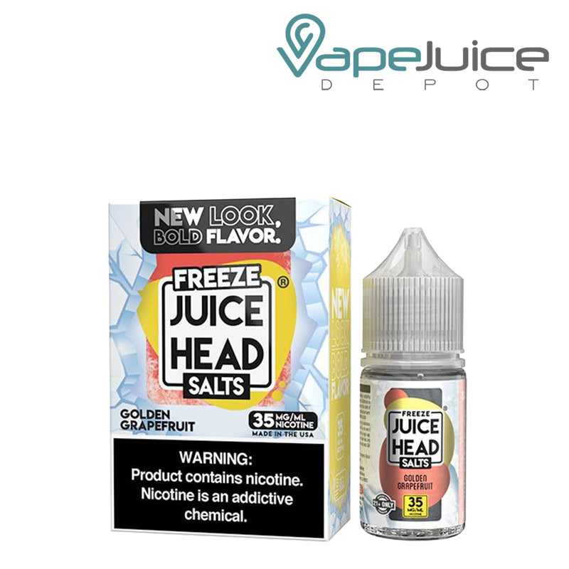 A Box of Golden Grapefruit ZTN Salts Juice Head Freeze with a warning sign and a 30ml bottle next to it - Vape Juice Depot