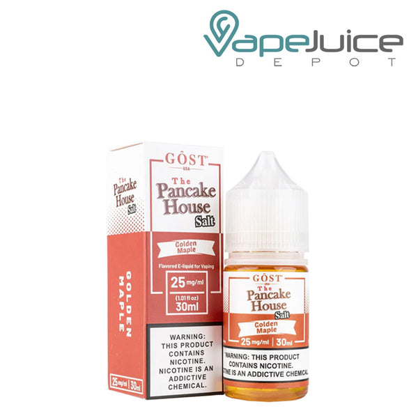 A box of Golden Maple Salts The Pancake House with a warning sign and a 30ml bottle next to it - Vape Juice Depot