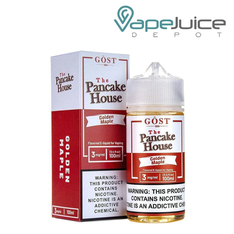 A box of Golden Maple The Pancake House and a 100ml unicorn bottle with a warning sign next to it - Vape Juice Depot