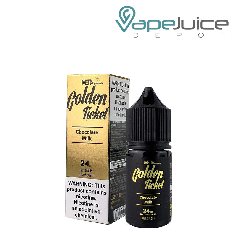 A box of Golden Ticket Met4 Salts with a warning sign and a 30ml bottle next to it - Vape Juice Depot