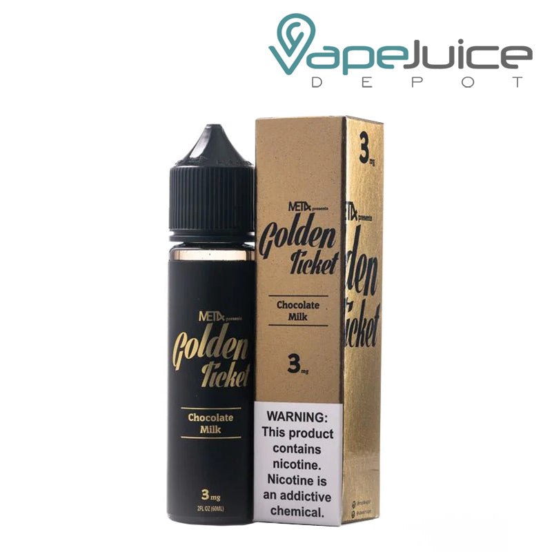 A 60ml bottle of Golden Ticket Met4 Vapor eLiquid and a box with a warning sign next to it - Vape Juice Depot