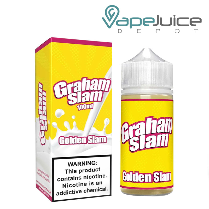 A Box of Graham Slam Golden Slam Mamasan with a warning sign and a 100ml bottle next to it - Vape Juice Depot