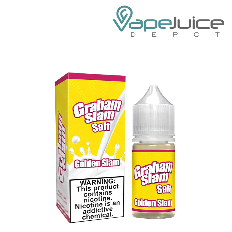 A Box of The Mamasan Golden Graham Slam with a warning sign and a 30ml bottle next to it - Vape Juice Depot