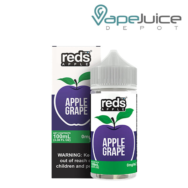 A box of Grape 7Daze Reds Apple eJuice 100ml with a warning sign and a 100ml bottle next to it - Vape Juice Depot