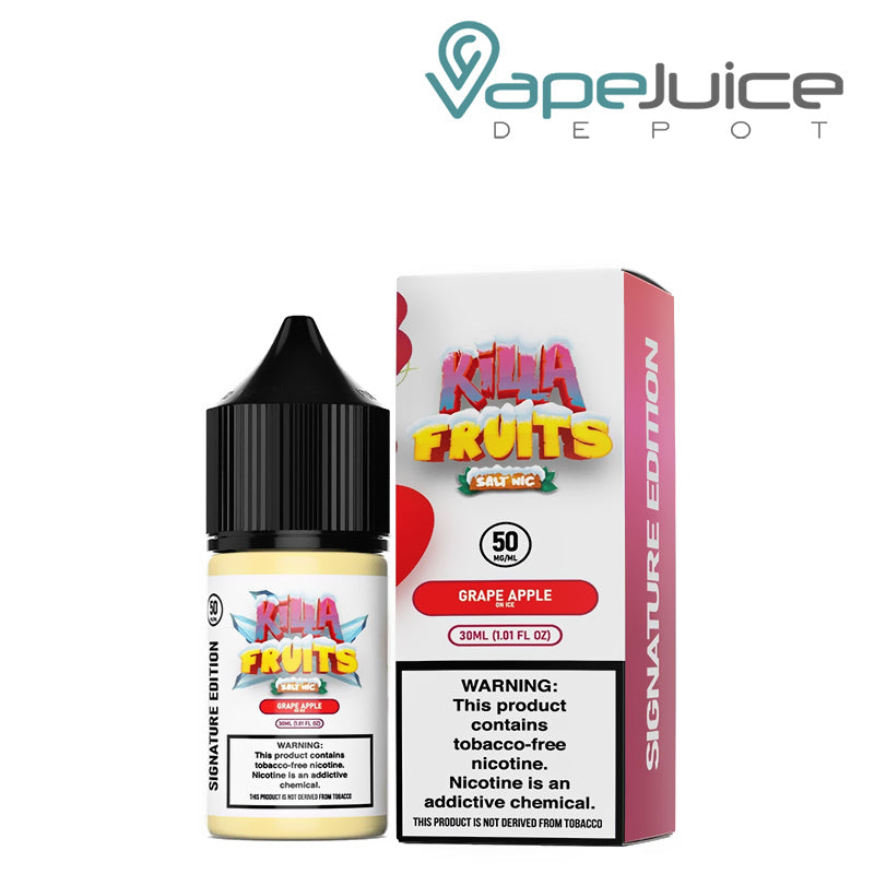 A 30ml bottle of Grape Apple On Ice Killa Fruits Signature TFN Salt and a box with a warning sign next to it - Vape Juice Depot