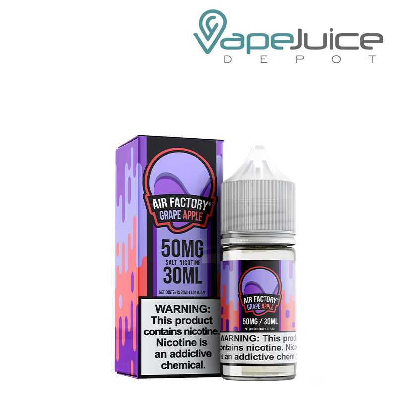 A box of Grape Apple Salts Air Factory Synthetic with warning sign and a 30ml bottle next to it - Vape Juice Depot