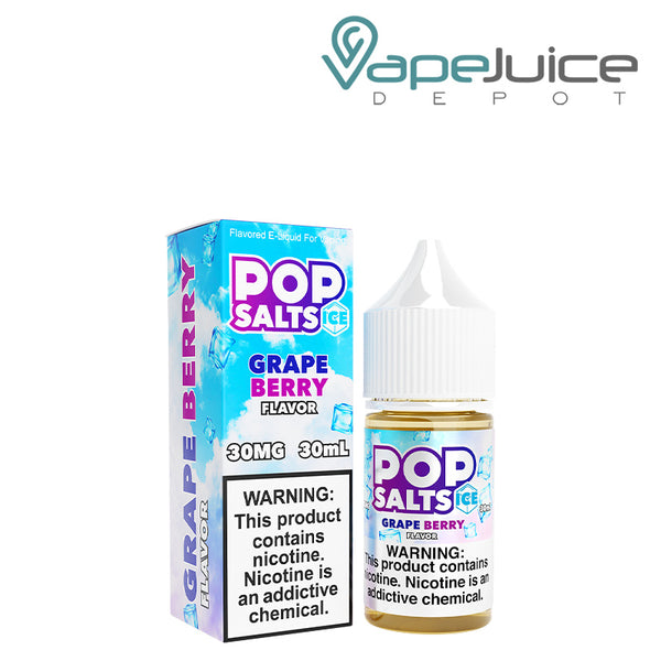 A box of Grape Berry Ice Pop Salts 30ml with a warning sign and a bottle next to it - Vape Juice Depot