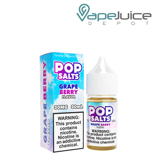 A box of Grape Berry Pop Salts 30ml with a warning sign and a bottle next to it - Vape Juice Depot