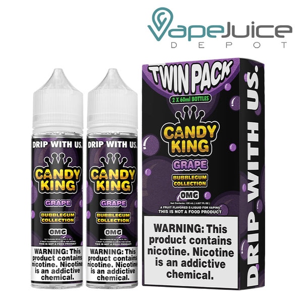 Two 60ml bottles of Grape Candy King Bubblegum and a box with a warning sign next to it - Vape Juice Depot